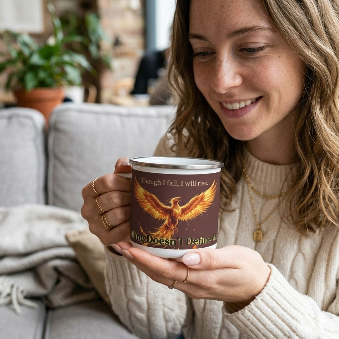 Enamel Mug — Phoenix Rising 'Though I Fall, I Will Rise' Inspirational Camping Cup