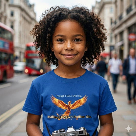 Phoenix Kids T‑Shirt - "Though I Fall, I Will Rise" Inspirational Youth Tee