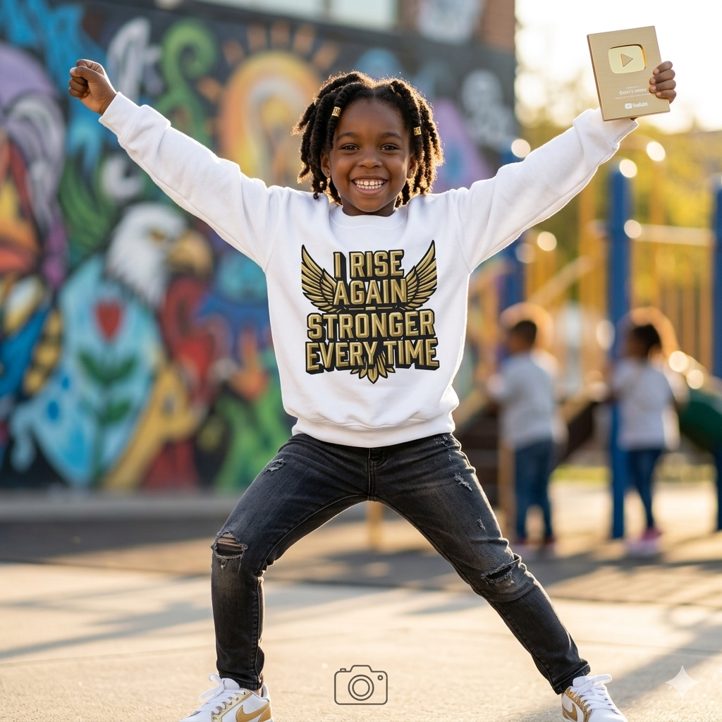 Kids Sweatshirt — "I Rise Again, Stronger Every Time" Motivational Crewneck