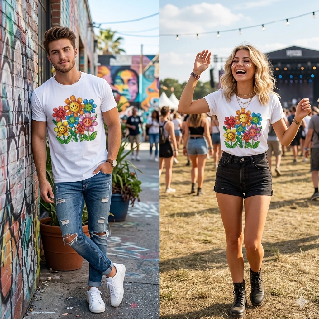 Smiling Rainbow Flowers T-Shirt — Cute Colorful Floral Garden Tee