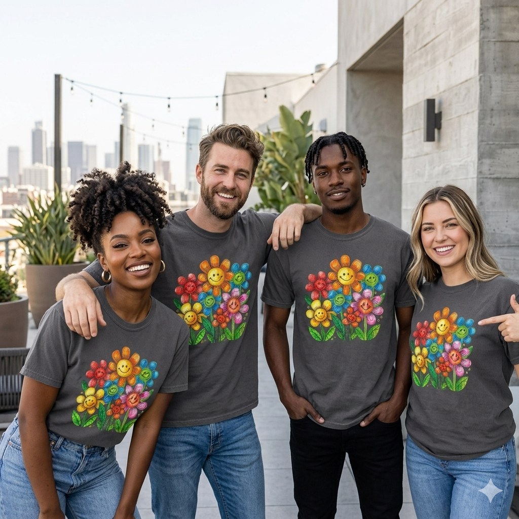 Smiling Rainbow Flowers T-Shirt — Cute Colorful Floral Garden Tee