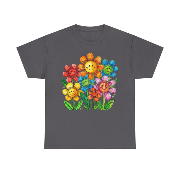 Smiling Rainbow Flowers T-Shirt — Cute Colorful Floral Garden Tee