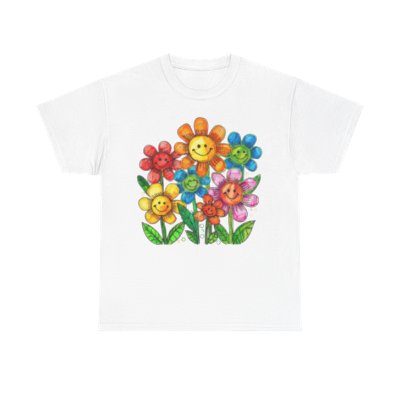 Smiling Rainbow Flowers T-Shirt — Cute Colorful Floral Garden Tee