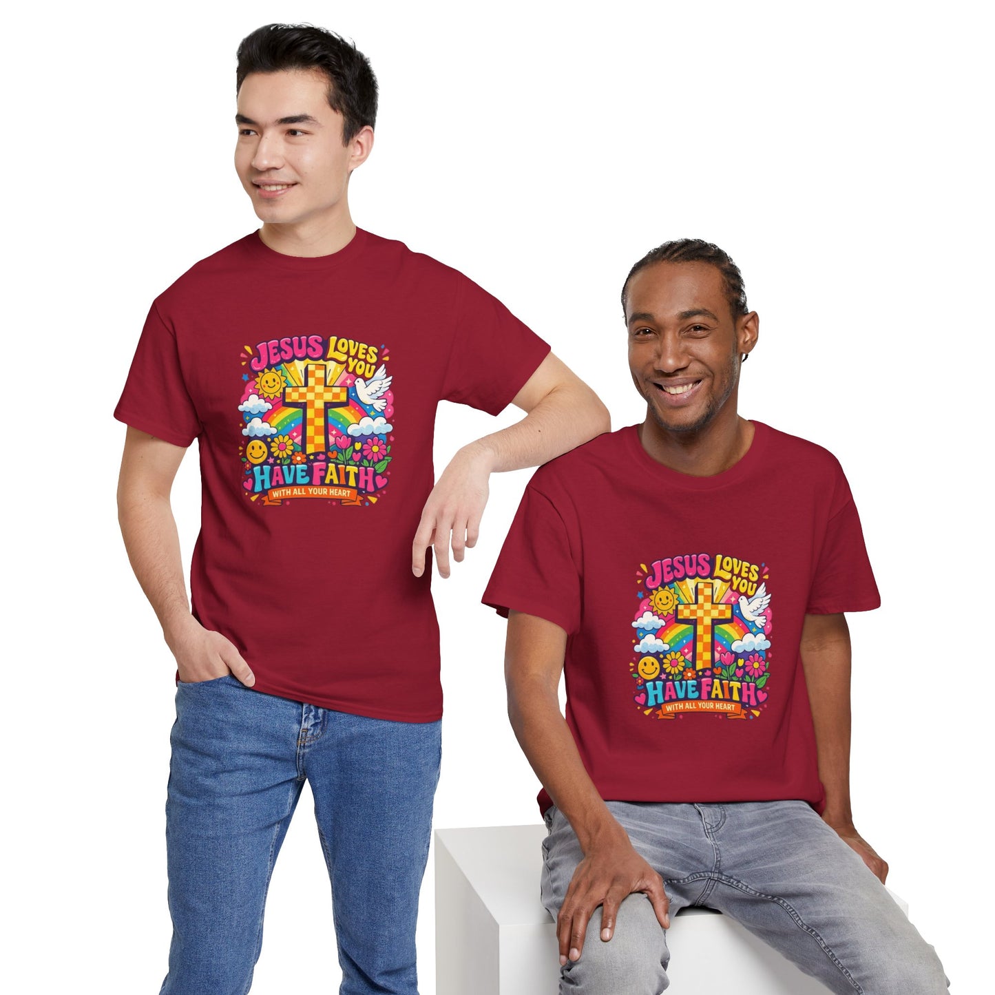 Christian Cross T-Shirt — "Jesus Loves You, Have Faith" Colorful Faith Tee