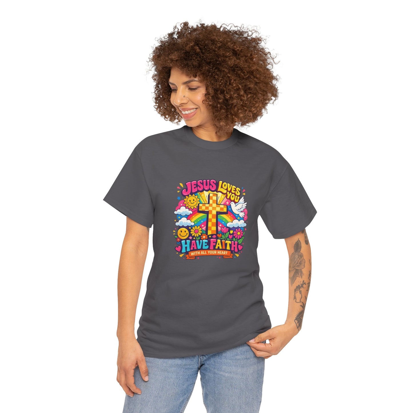 Christian Cross T-Shirt — "Jesus Loves You, Have Faith" Colorful Faith Tee