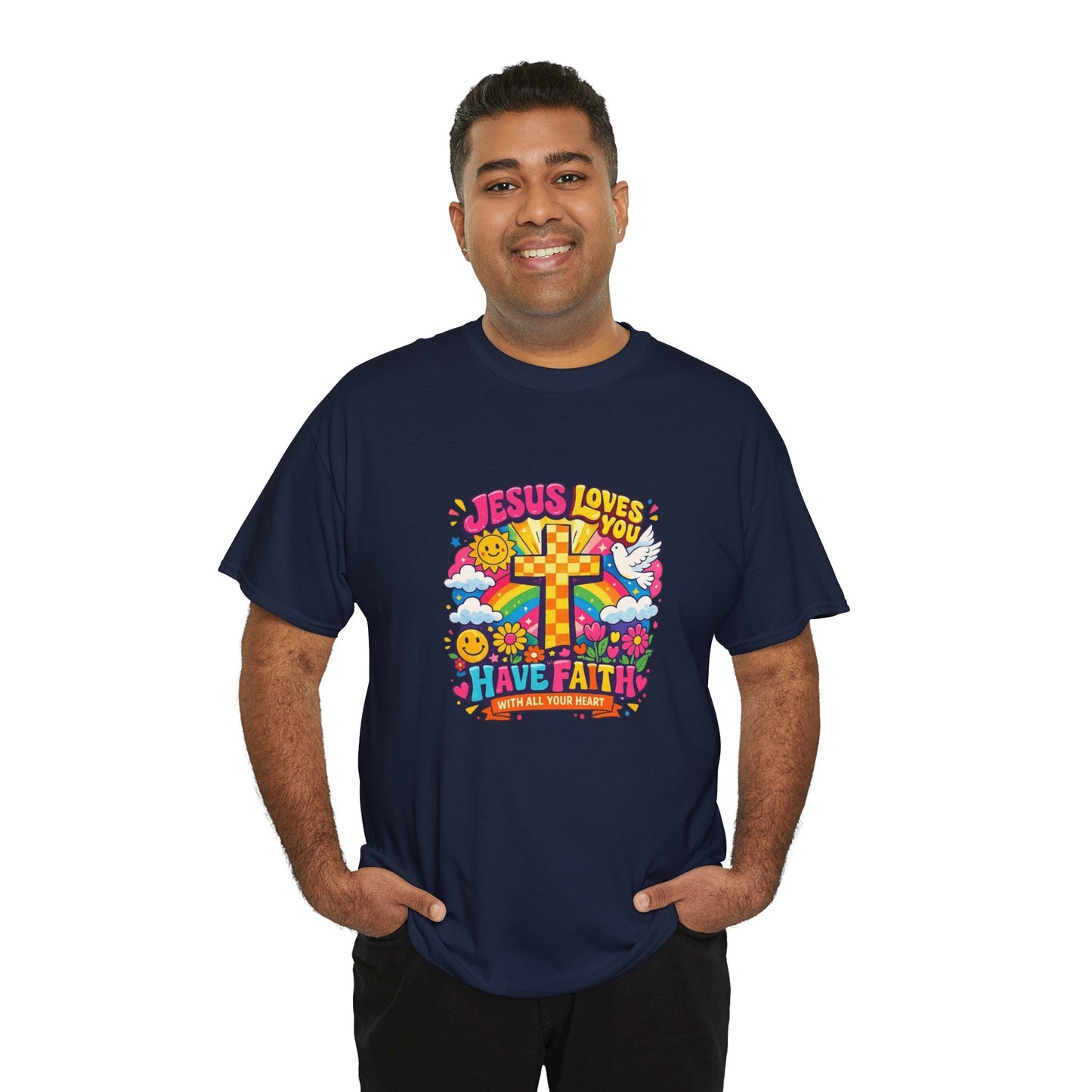 Christian Cross T-Shirt — "Jesus Loves You, Have Faith" Colorful Faith Tee