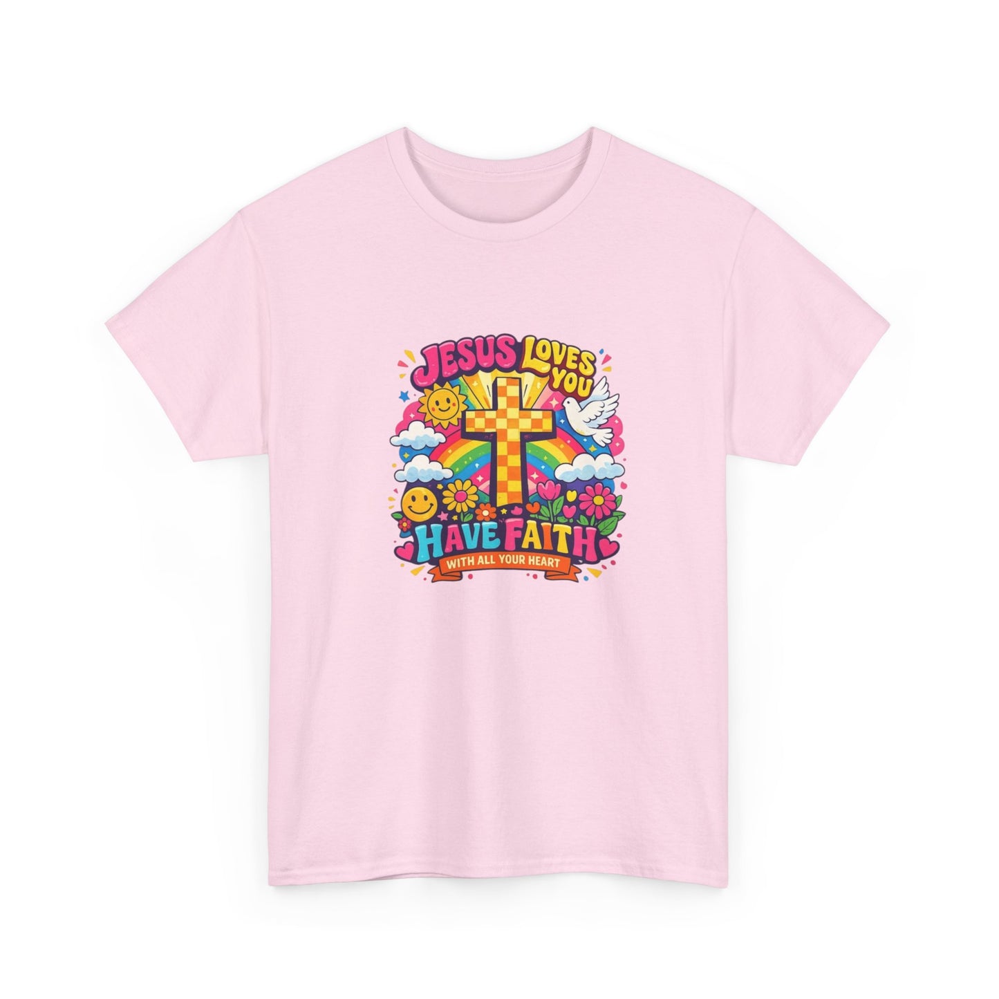 Christian Cross T-Shirt — "Jesus Loves You, Have Faith" Colorful Faith Tee