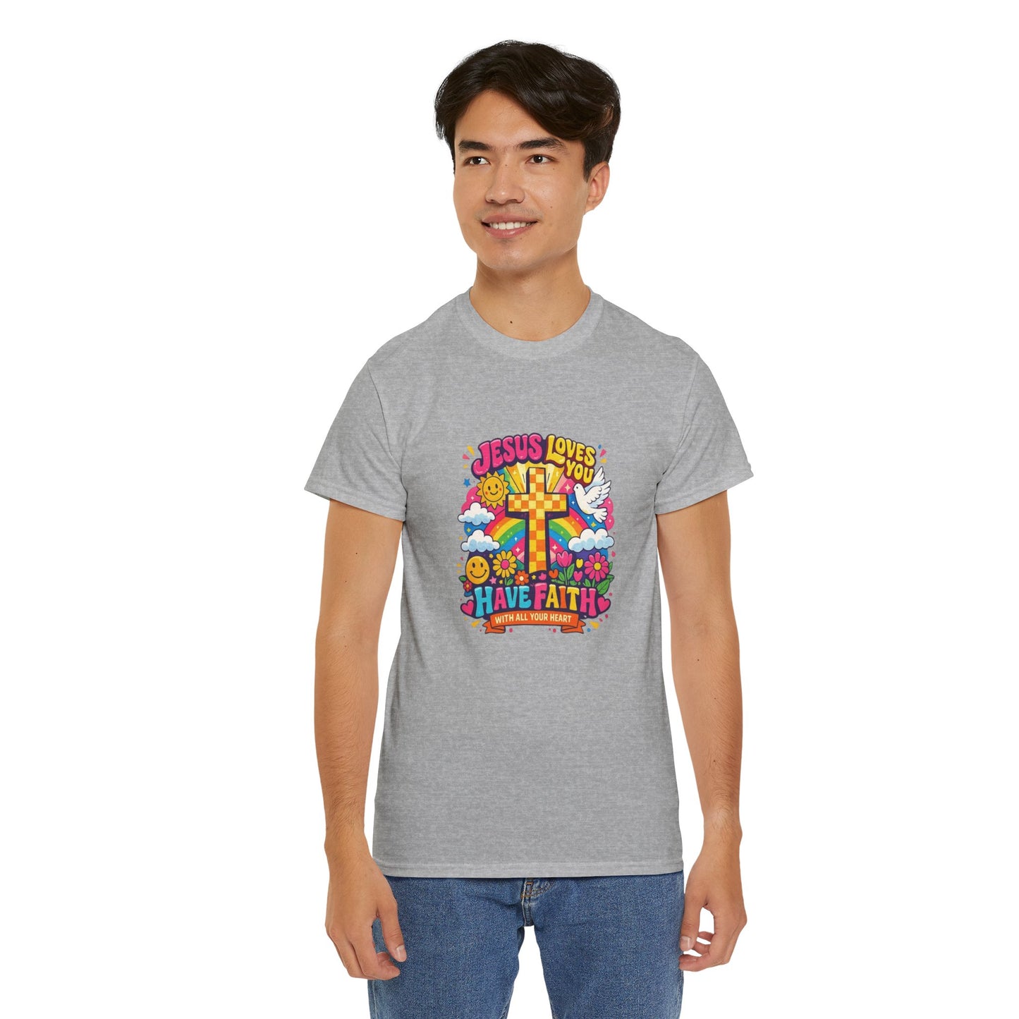 Christian Cross T-Shirt — "Jesus Loves You, Have Faith" Colorful Faith Tee