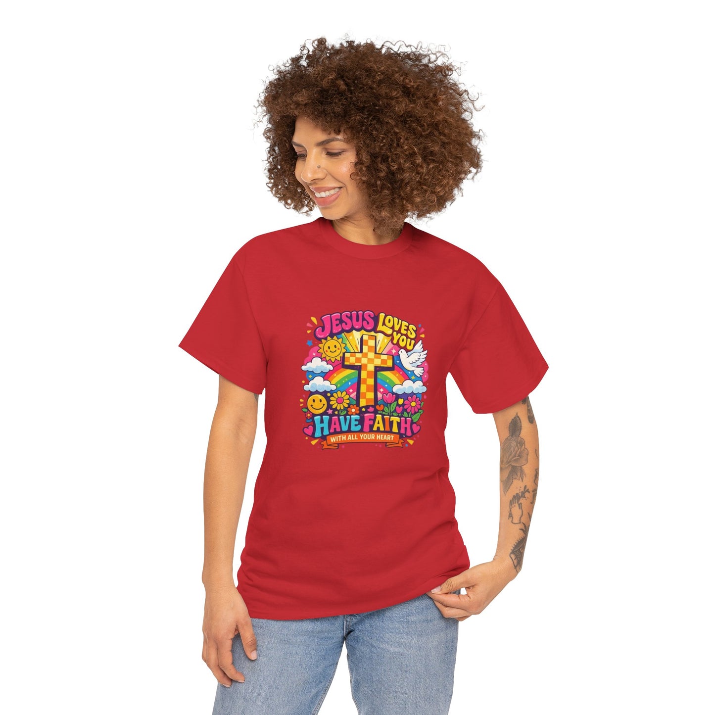 Christian Cross T-Shirt — "Jesus Loves You, Have Faith" Colorful Faith Tee