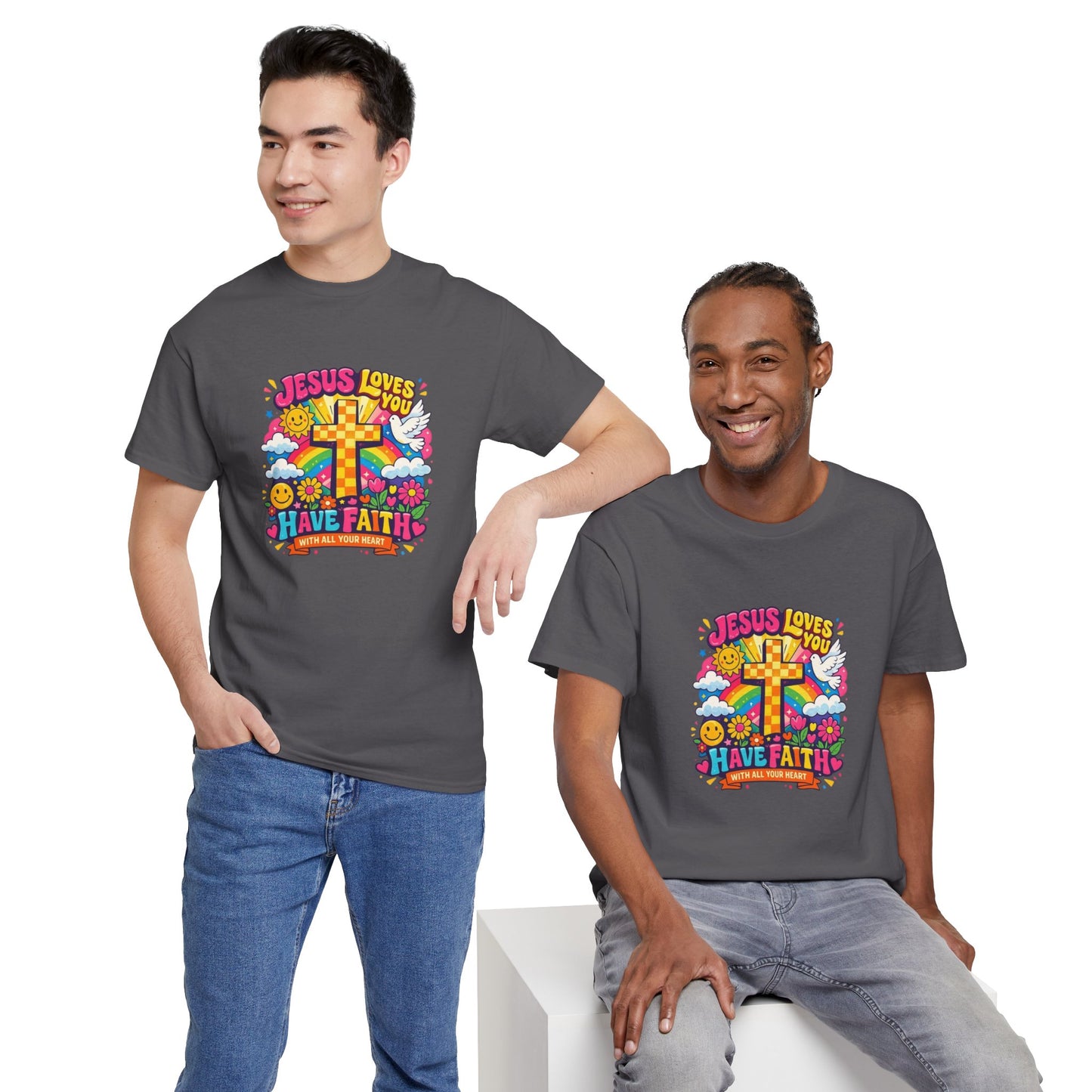 Christian Cross T-Shirt — "Jesus Loves You, Have Faith" Colorful Faith Tee
