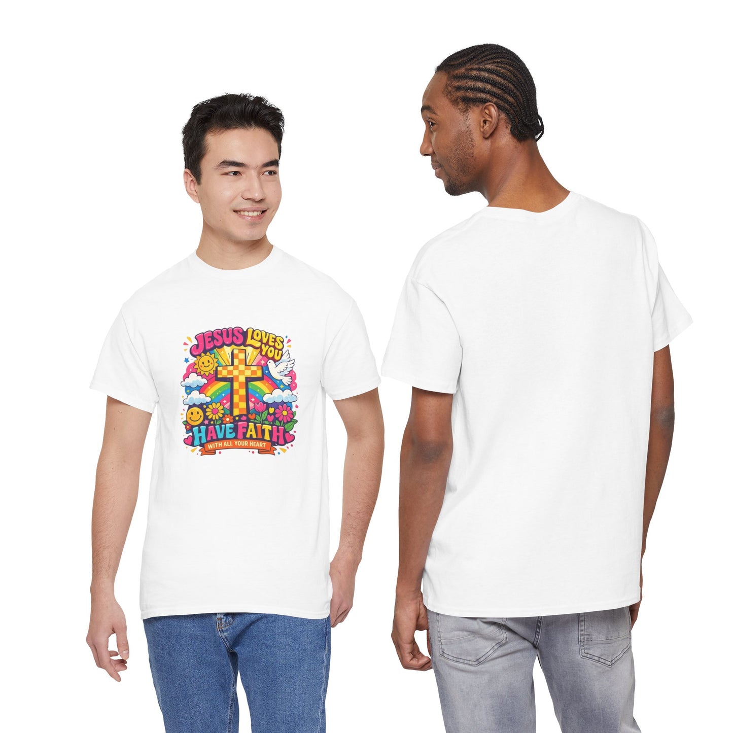 Christian Cross T-Shirt — "Jesus Loves You, Have Faith" Colorful Faith Tee