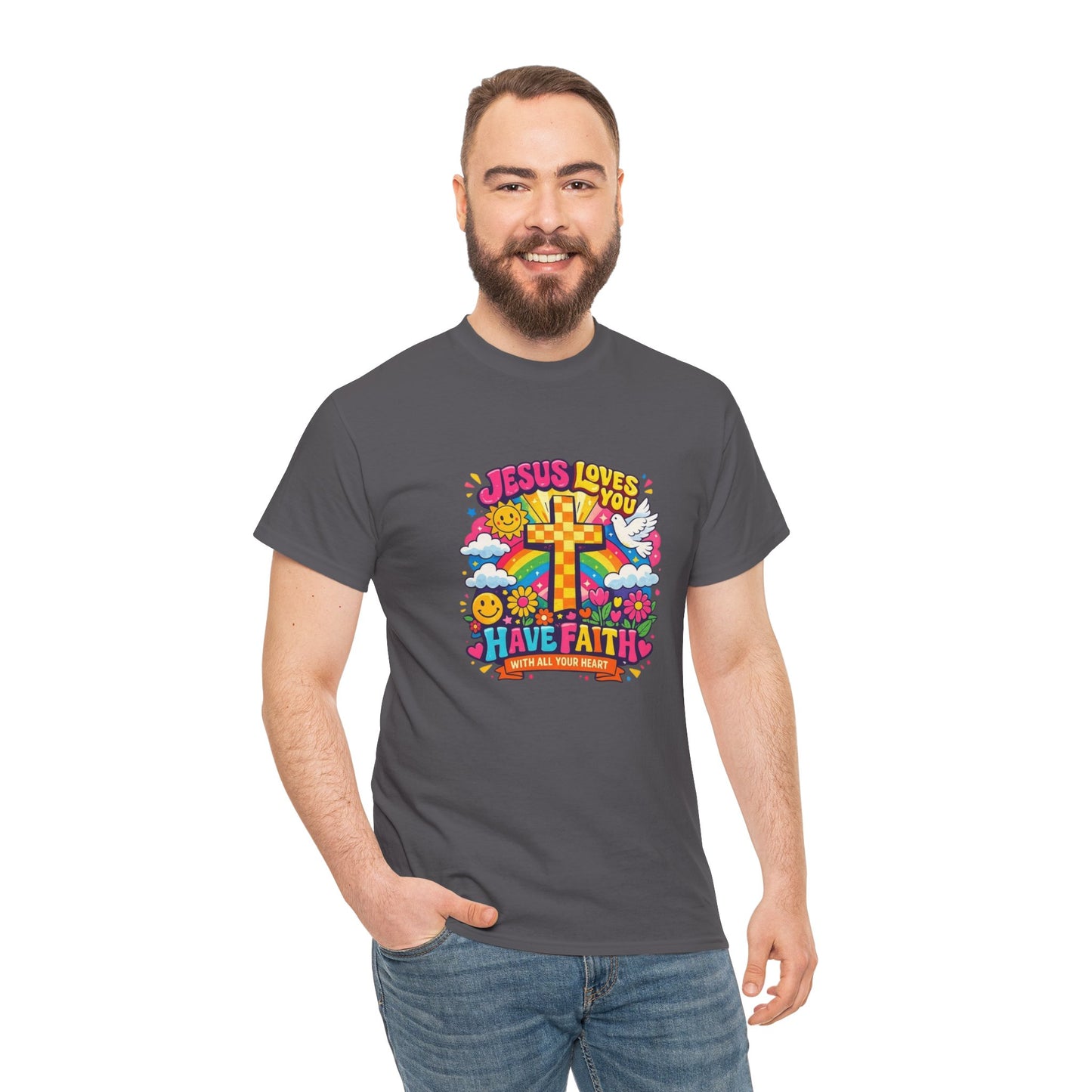 Christian Cross T-Shirt — "Jesus Loves You, Have Faith" Colorful Faith Tee