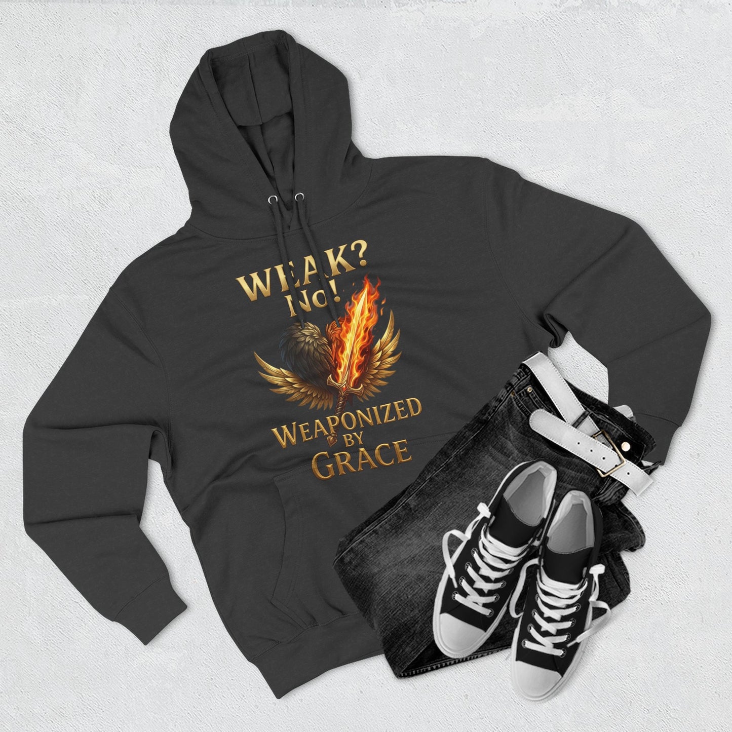 Hoodie - "Weak? No. Weaponized by Grace" Christian Inspirational Pullover