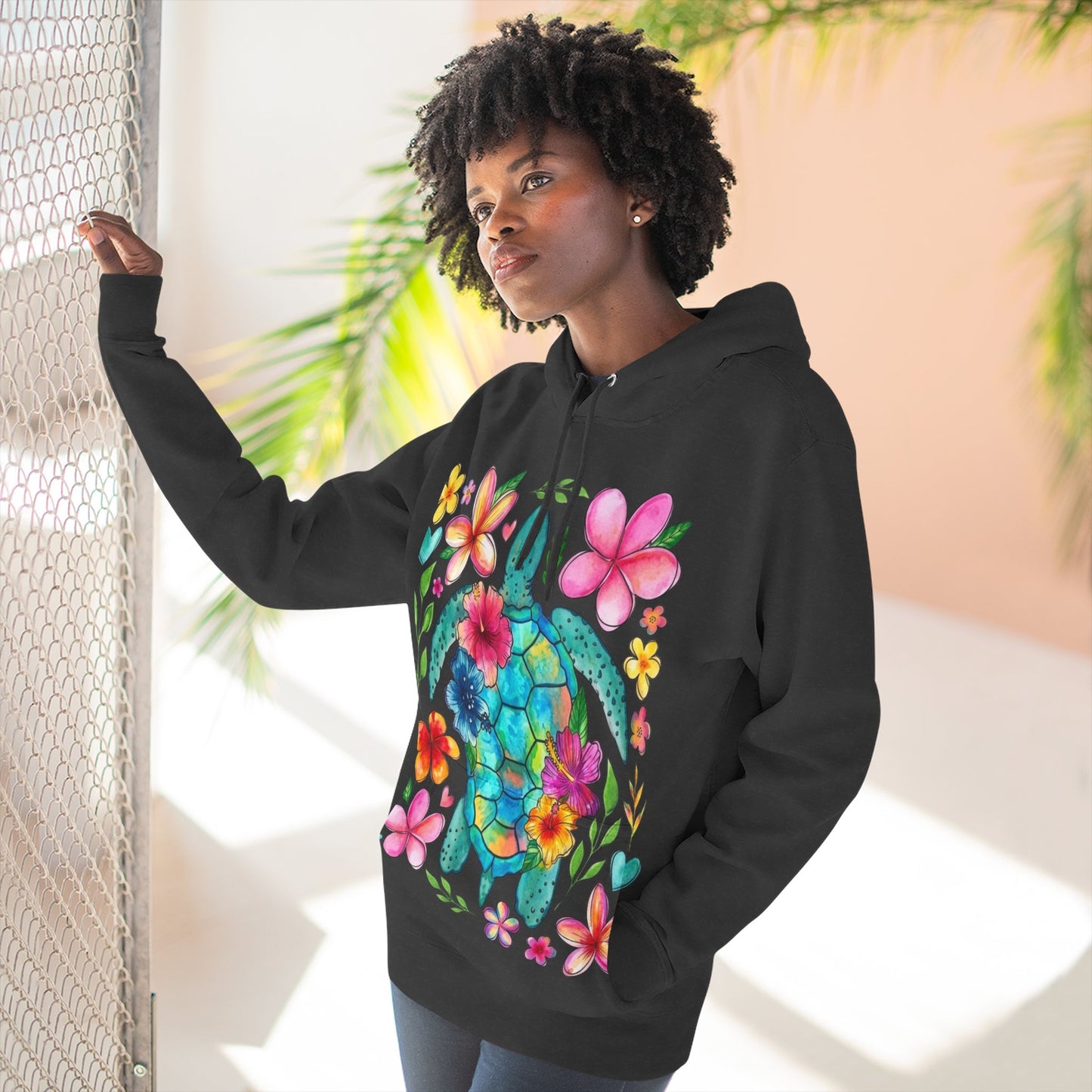 Turtle Floral Hoodie - Watercolor Sea Turtle with Tropical Flowers Fleece Pullover