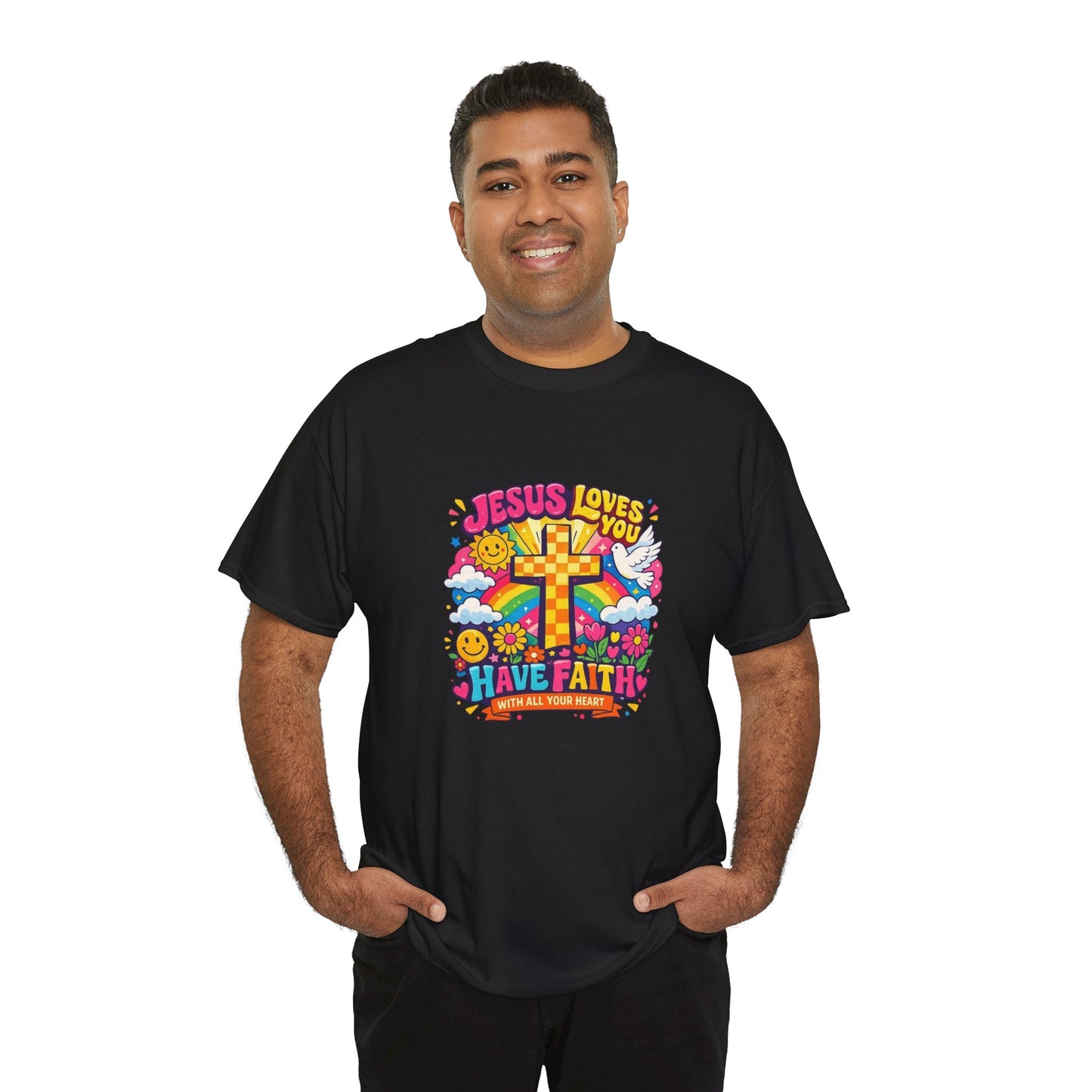 Christian Cross T-Shirt — "Jesus Loves You, Have Faith" Colorful Faith Tee