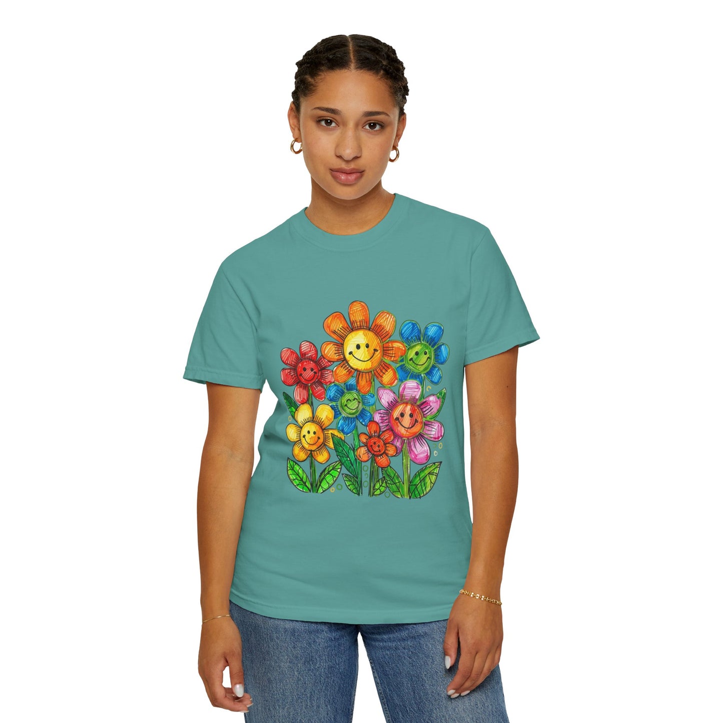 Smiling Rainbow Flower Graphic T-Shirt