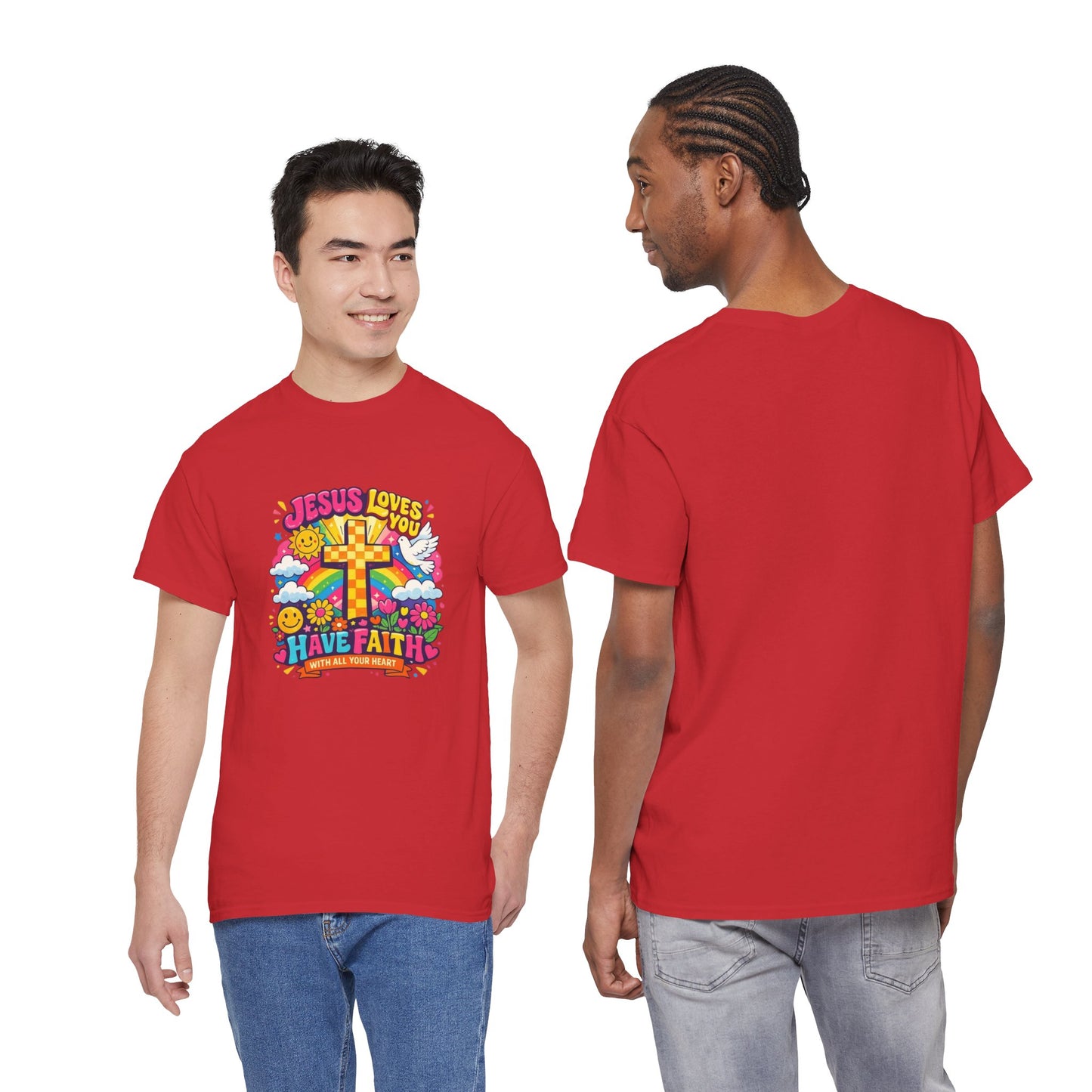 Christian Cross T-Shirt — "Jesus Loves You, Have Faith" Colorful Faith Tee