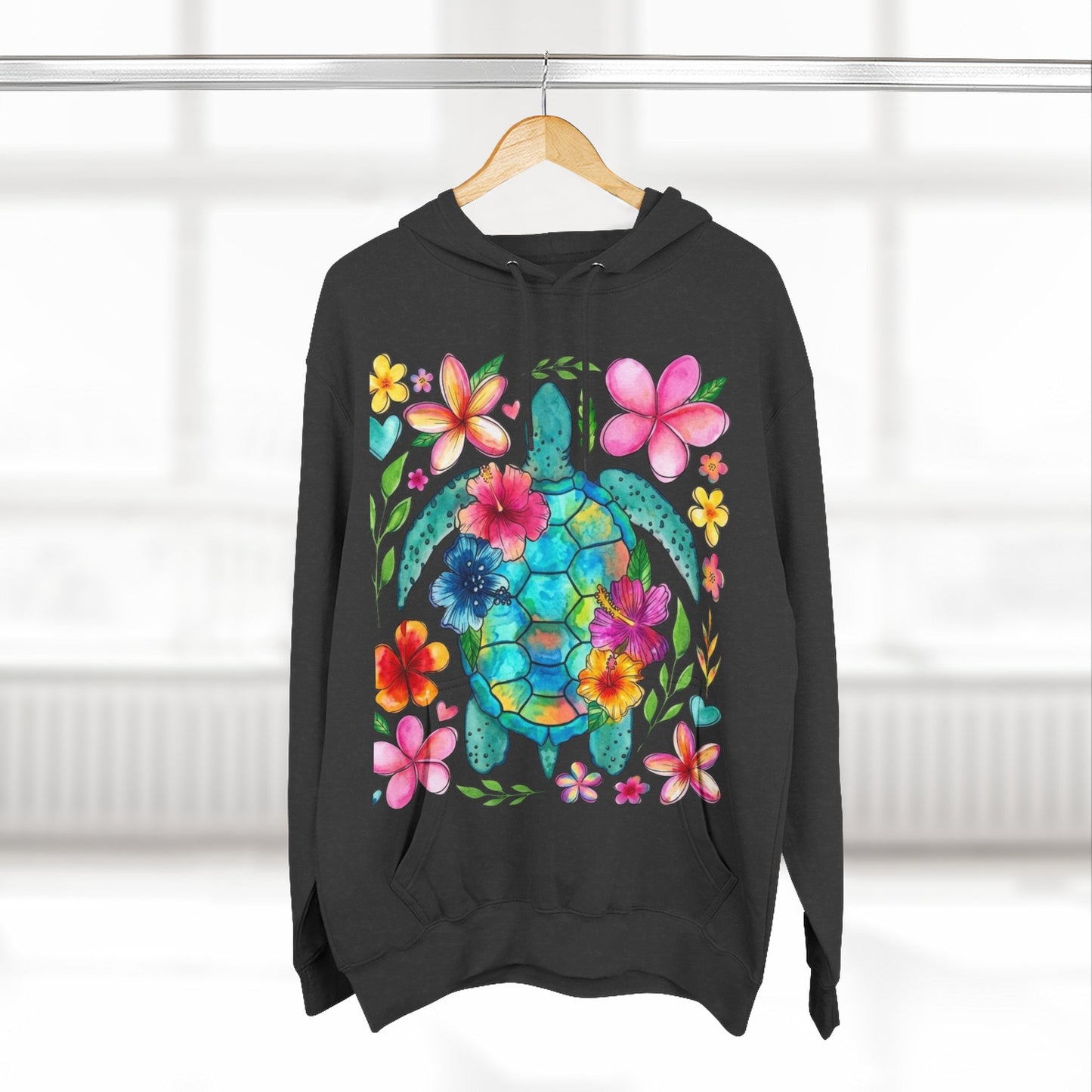 Turtle Floral Hoodie - Watercolor Sea Turtle with Tropical Flowers Fleece Pullover