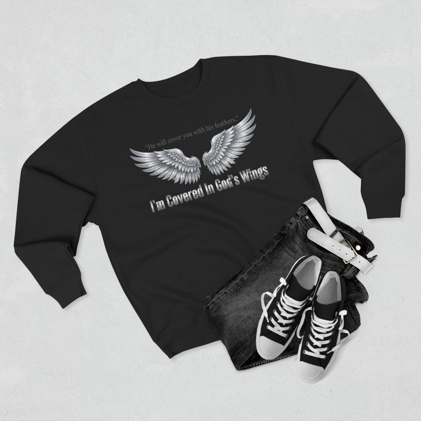 Angel Wings Crewneck Sweatshirt — “I’m Covered In God’s Wings” Inspirational Pullover