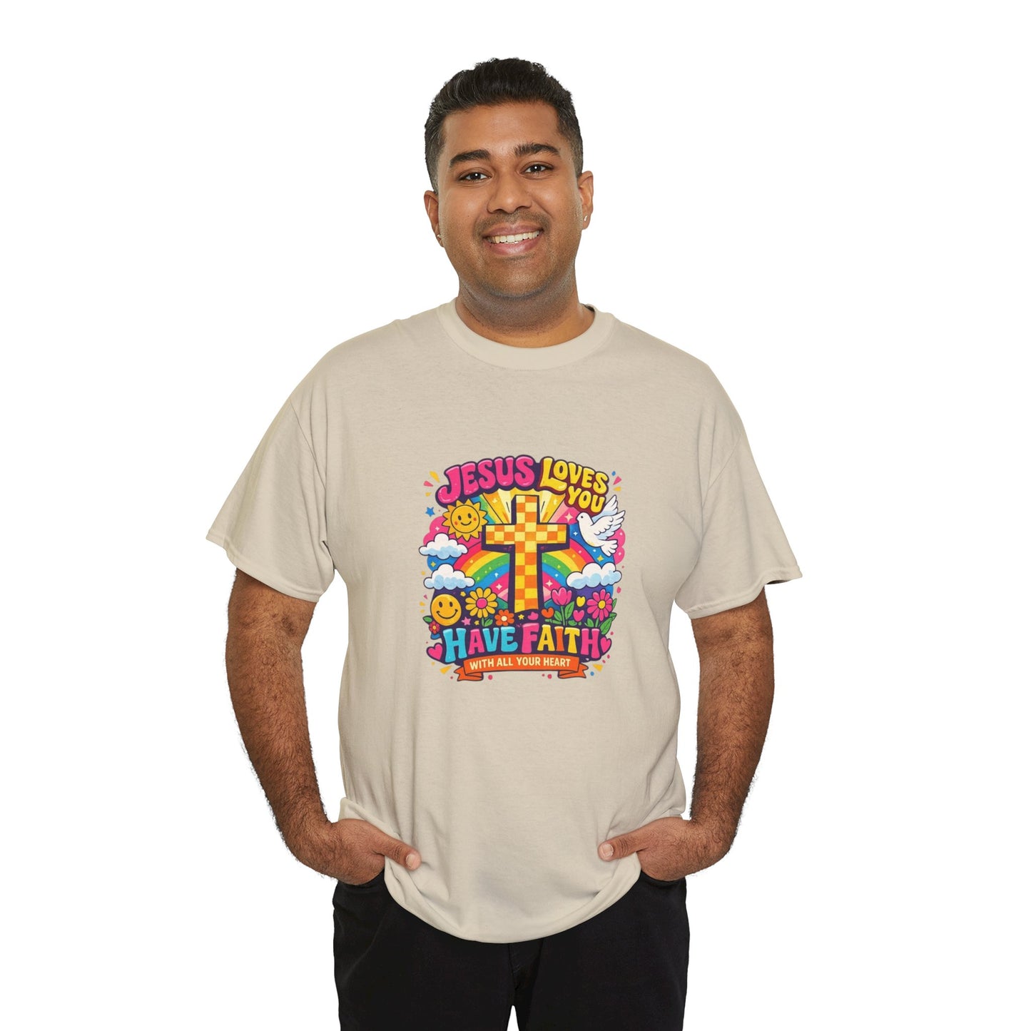 Christian Cross T-Shirt — "Jesus Loves You, Have Faith" Colorful Faith Tee