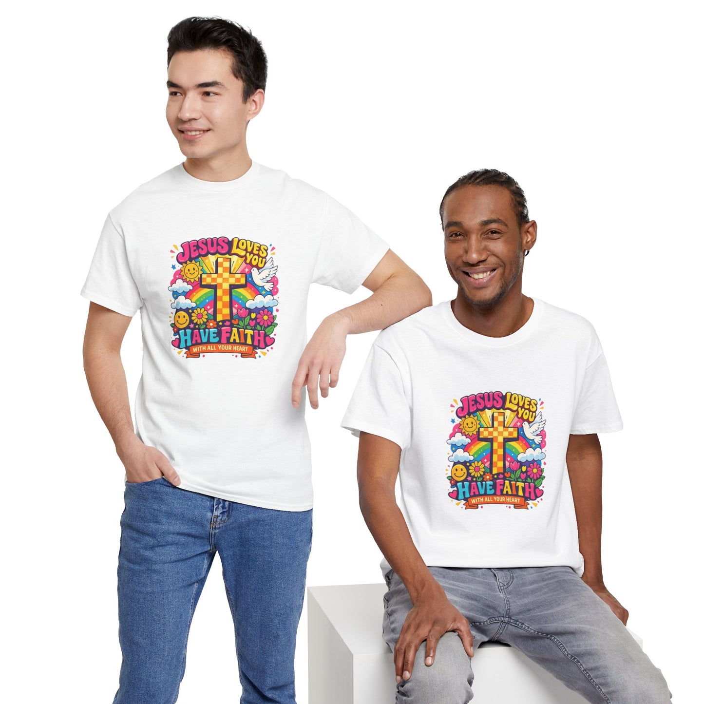 Christian Cross T-Shirt — "Jesus Loves You, Have Faith" Colorful Faith Tee