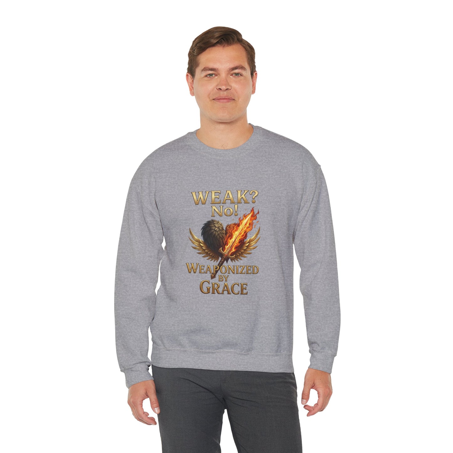 Women's/Unisex Sweatshirt: "Weak? No! Weaponized by Grace" Inspirational Christian Crewneck