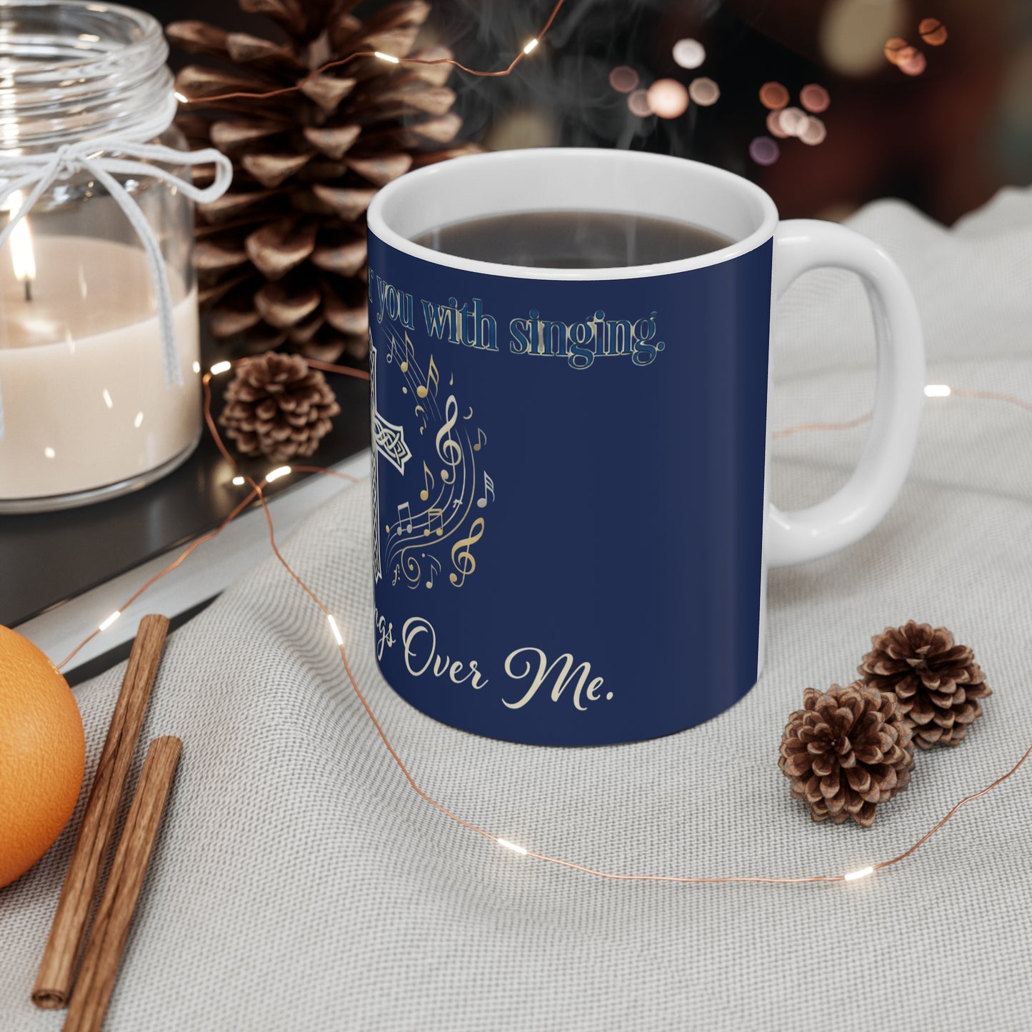 Religious Cross Music Mug — “He Will Rejoice Over You With Singing / Heaven Sings Over You”