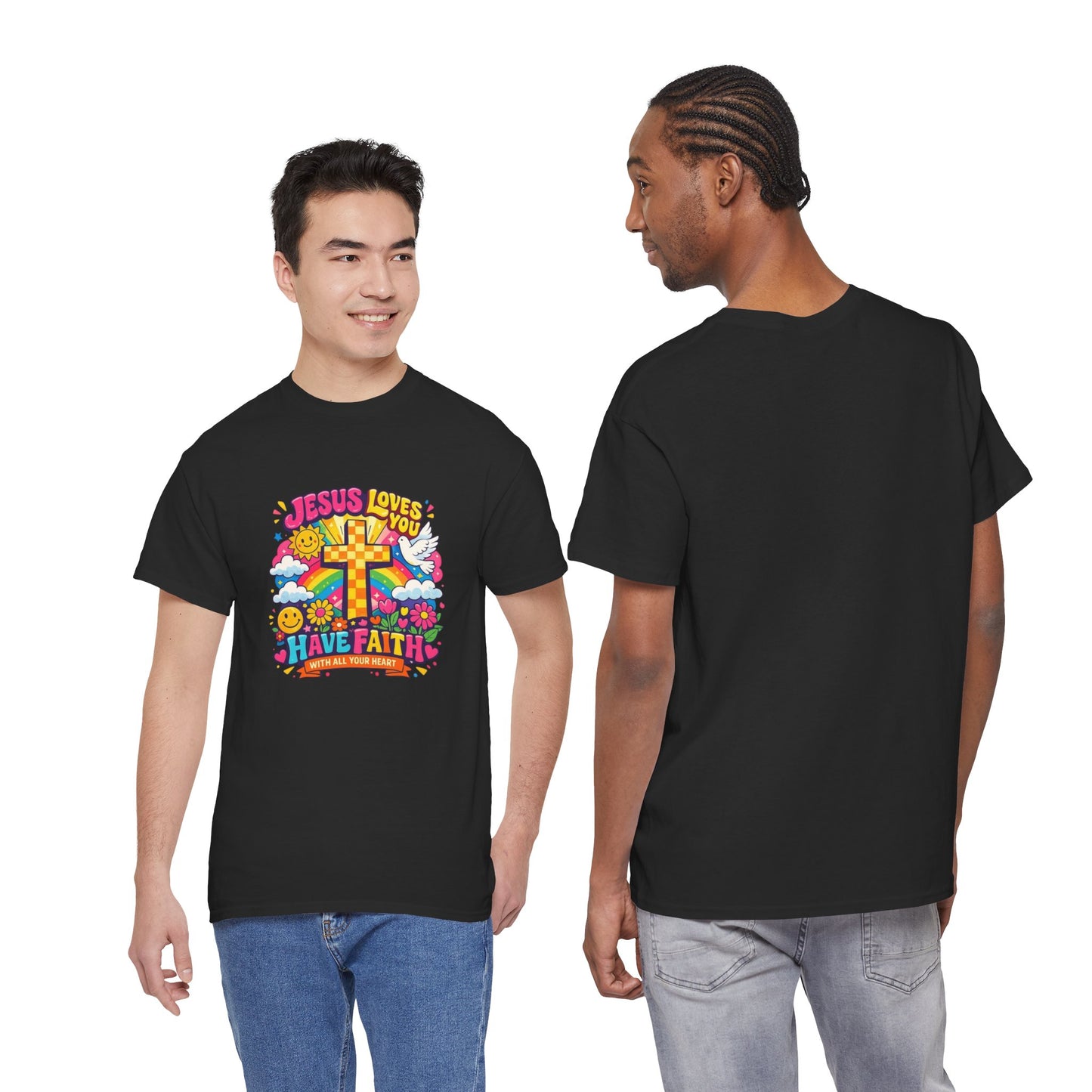 Christian Cross T-Shirt — "Jesus Loves You, Have Faith" Colorful Faith Tee