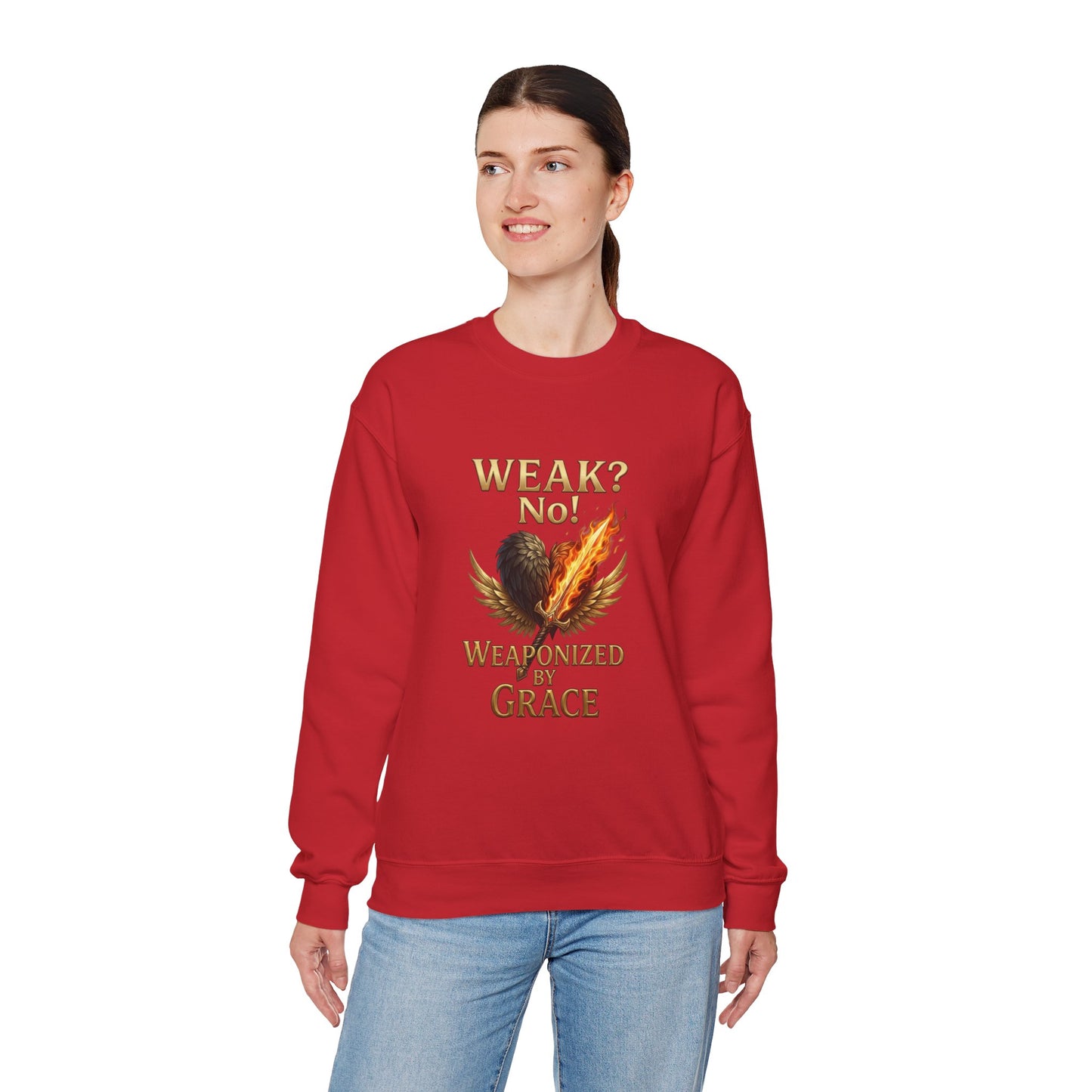 Women's/Unisex Sweatshirt: "Weak? No! Weaponized by Grace" Inspirational Christian Crewneck