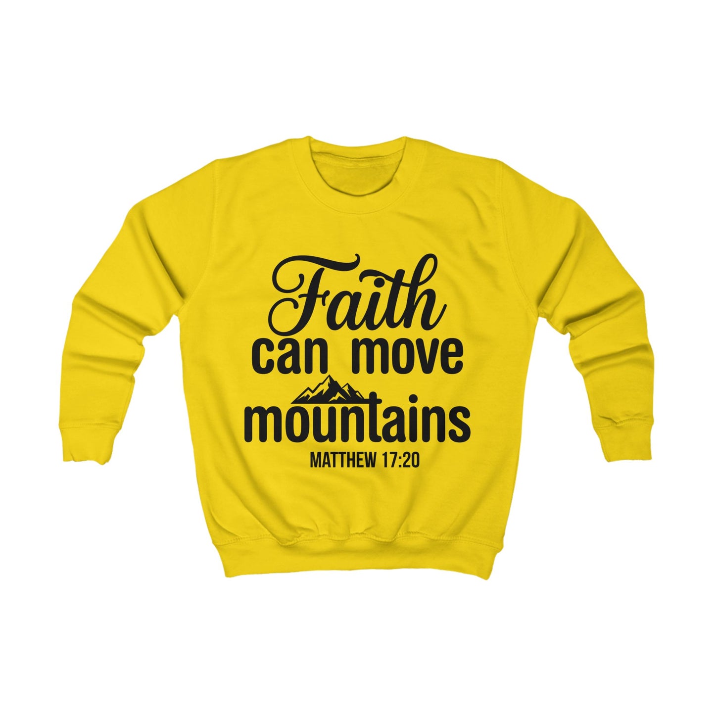 Kids Sweatshirt — "Faith Can Move Mountains" Bible Verse Pullover (Matthew 17:20), Christian Kids Crewneck