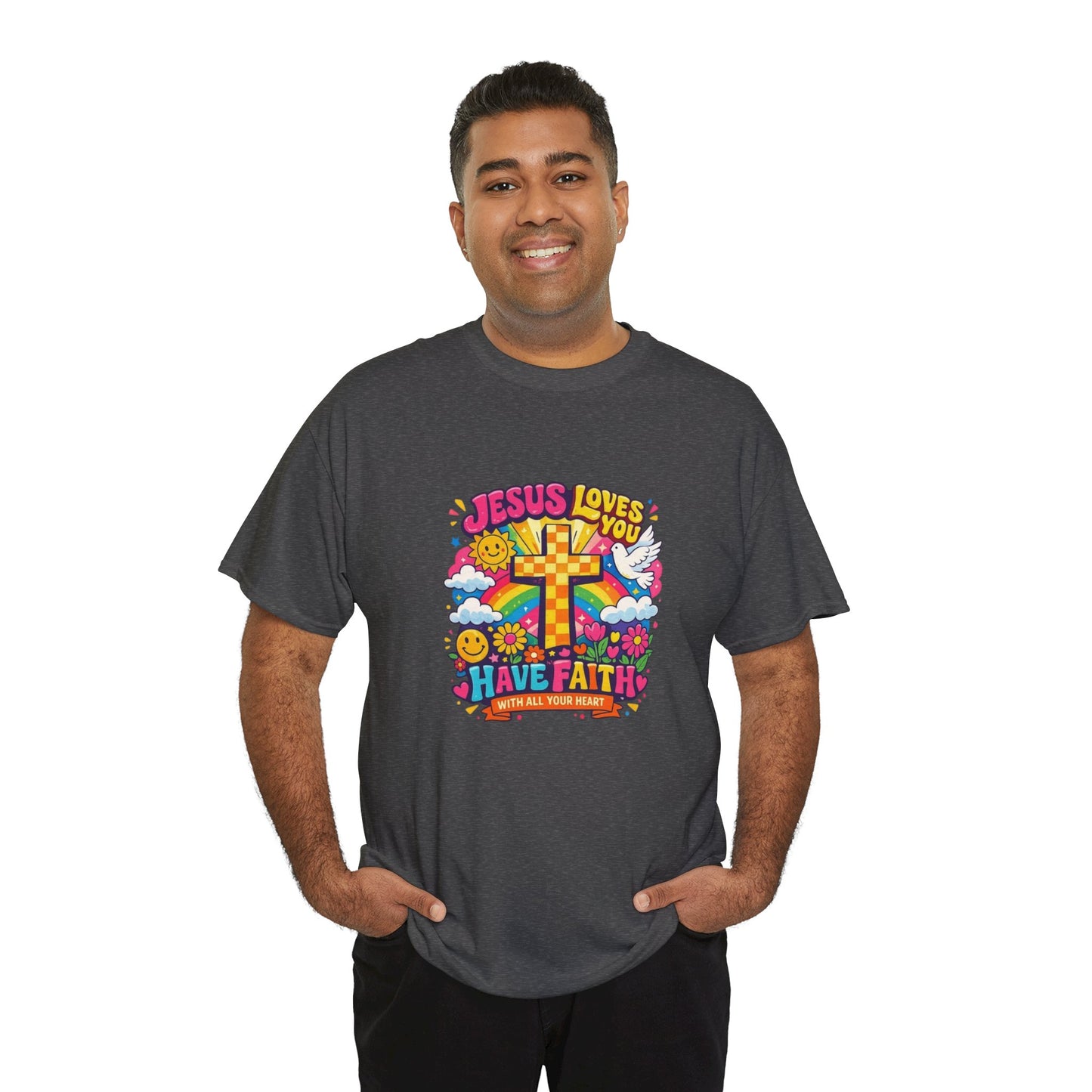 Christian Cross T-Shirt — "Jesus Loves You, Have Faith" Colorful Faith Tee