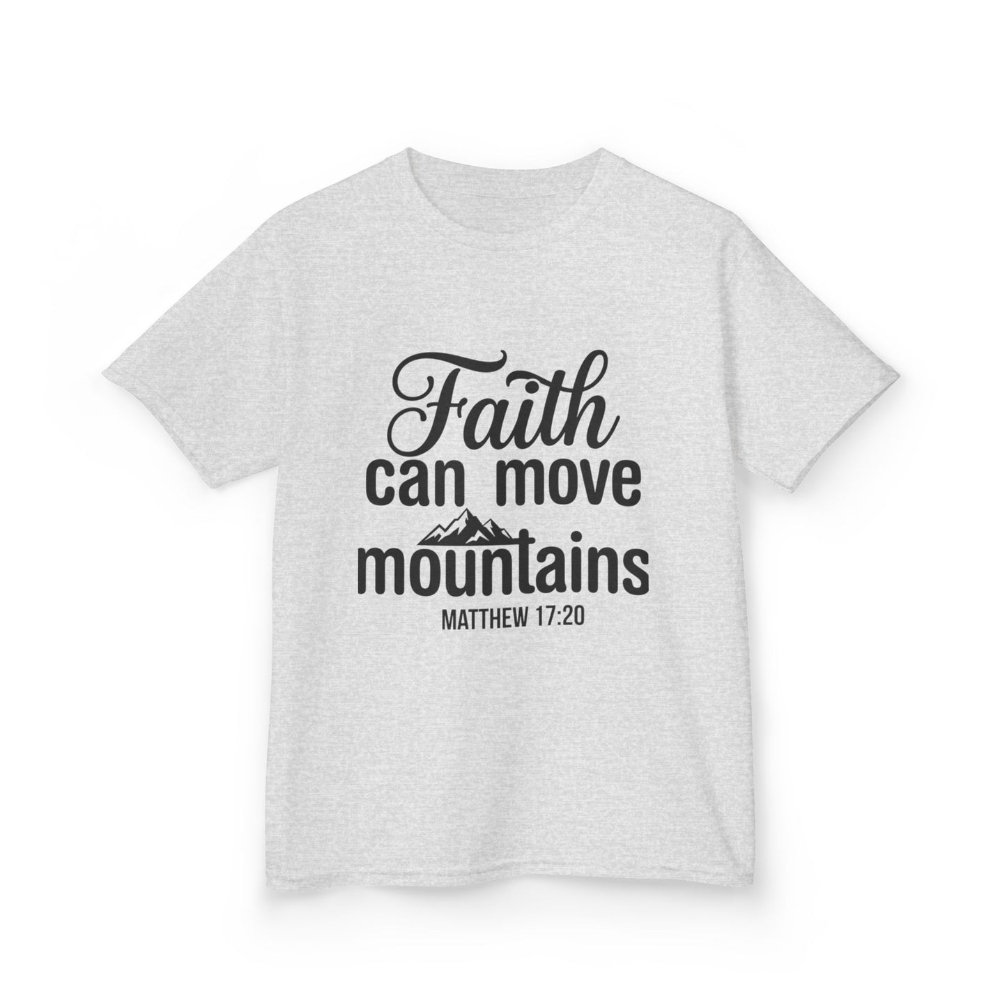 Kids Tee - "Faith Can Move Mountains" Christian Scripture Shirt (Matthew 17:20)