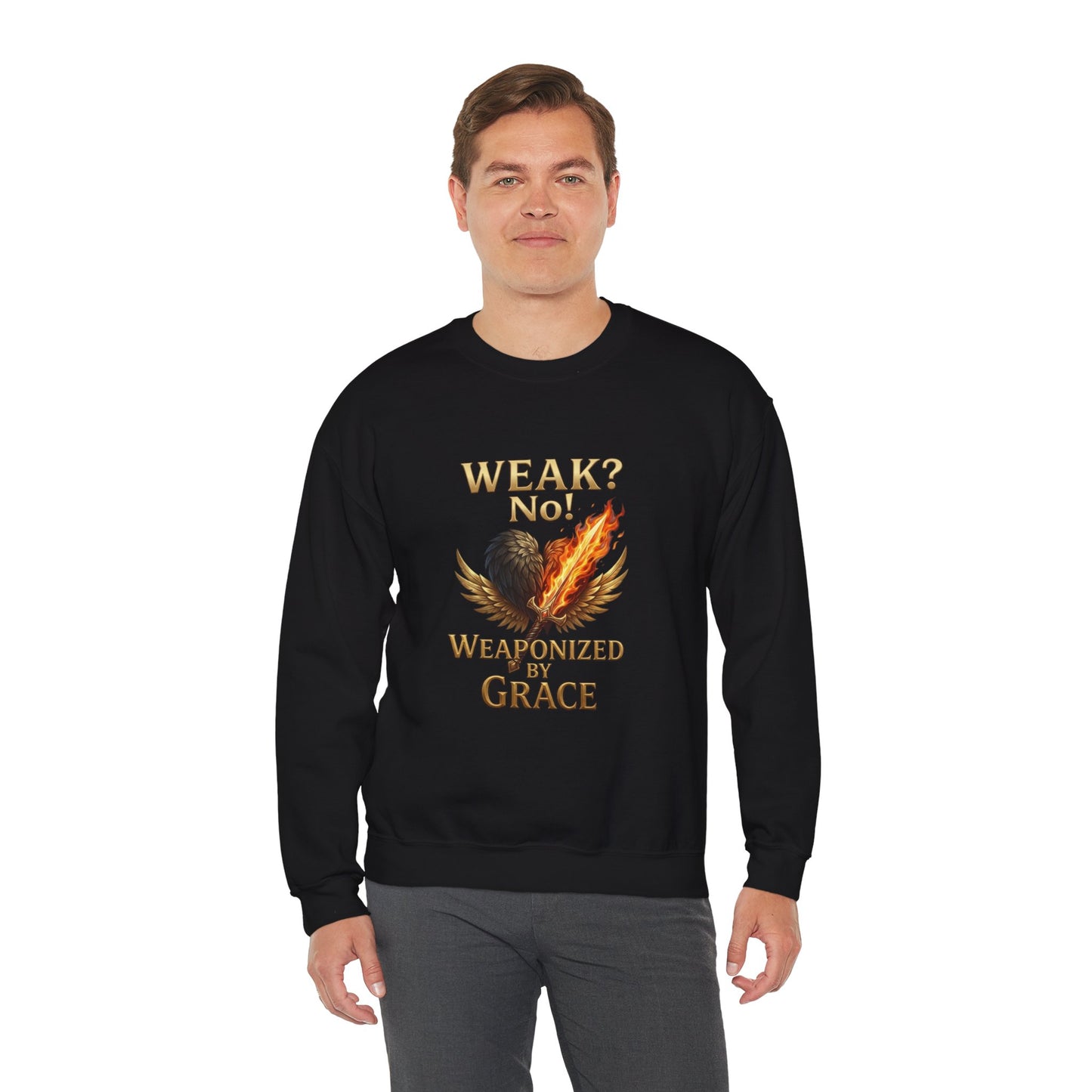 Women's/Unisex Sweatshirt: "Weak? No! Weaponized by Grace" Inspirational Christian Crewneck
