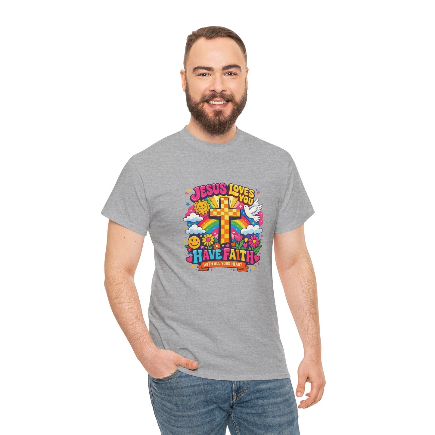 Christian Cross T-Shirt — "Jesus Loves You, Have Faith" Colorful Faith Tee