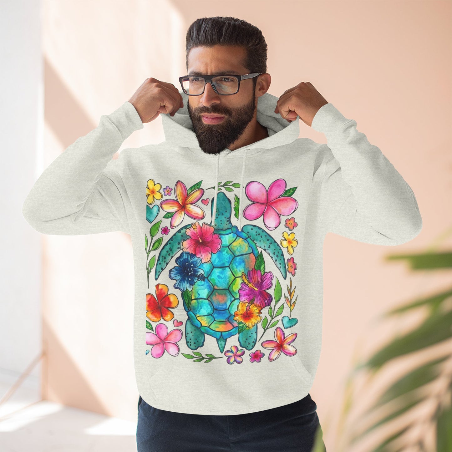 Turtle Floral Hoodie - Watercolor Sea Turtle with Tropical Flowers Fleece Pullover