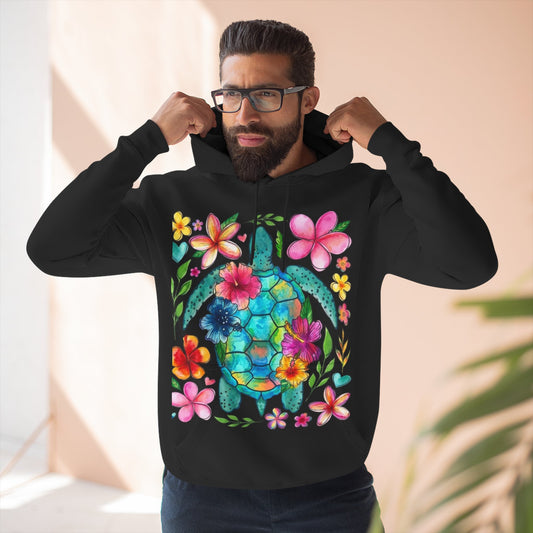 Turtle Floral Hoodie - Watercolor Sea Turtle with Tropical Flowers Fleece Pullover