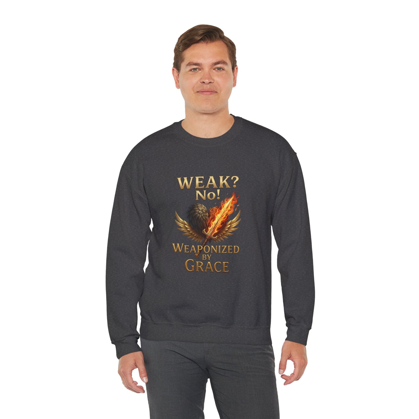 Women's/Unisex Sweatshirt: "Weak? No! Weaponized by Grace" Inspirational Christian Crewneck