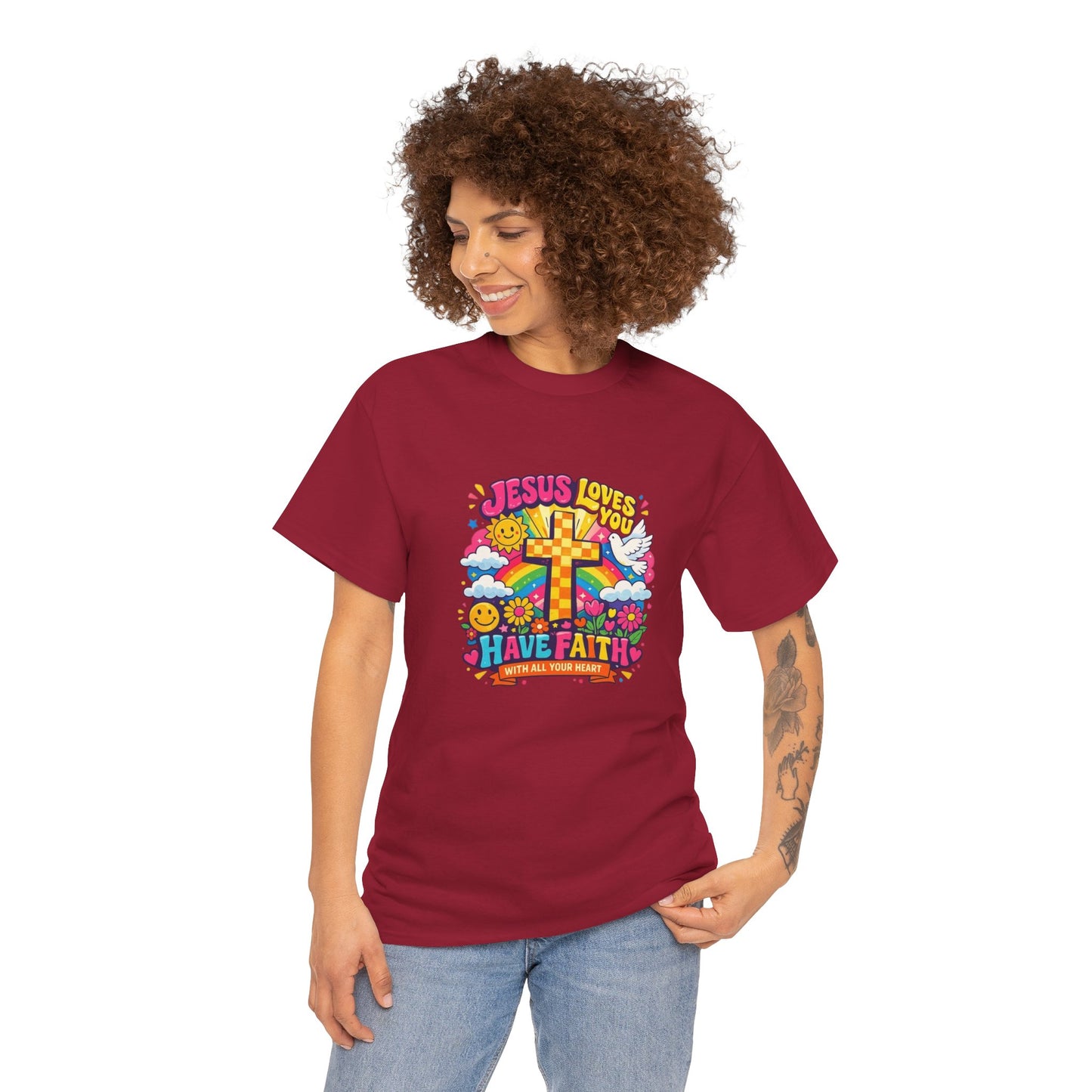 Christian Cross T-Shirt — "Jesus Loves You, Have Faith" Colorful Faith Tee