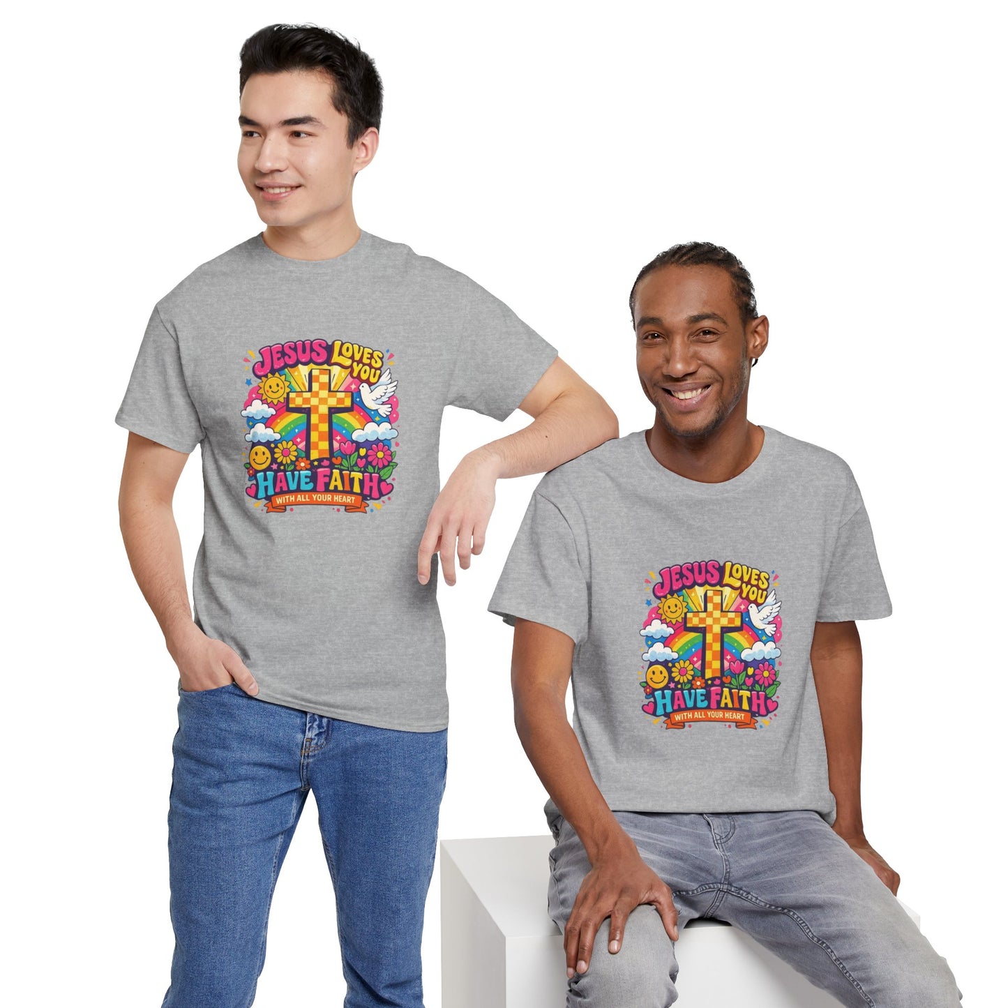 Christian Cross T-Shirt — "Jesus Loves You, Have Faith" Colorful Faith Tee