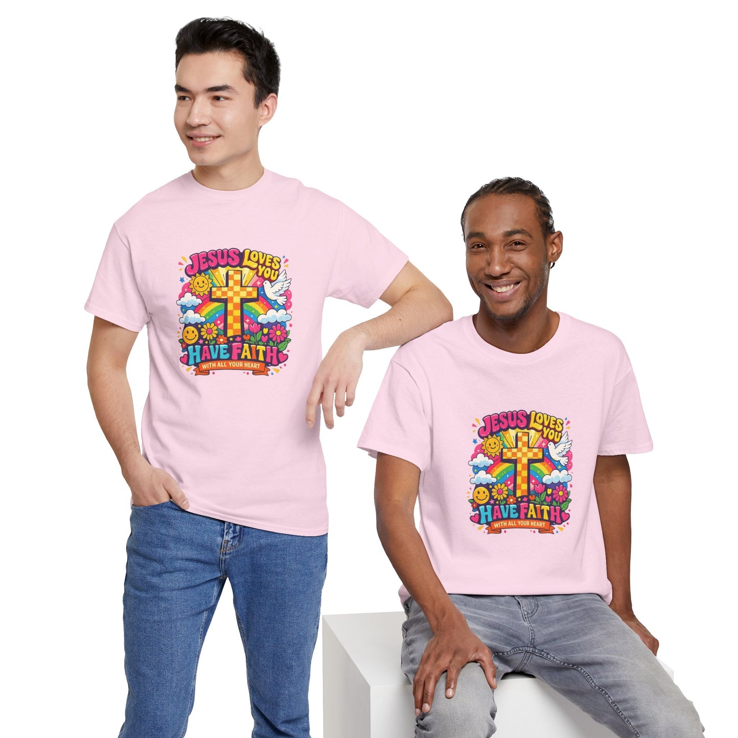 Christian Cross T-Shirt — "Jesus Loves You, Have Faith" Colorful Faith Tee