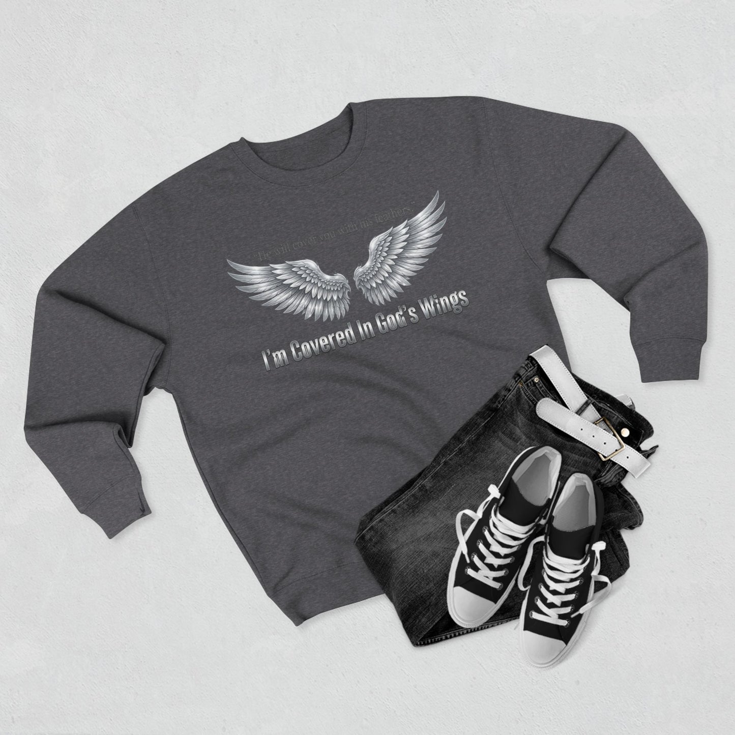 Angel Wings Crewneck Sweatshirt — “I’m Covered In God’s Wings” Inspirational Pullover