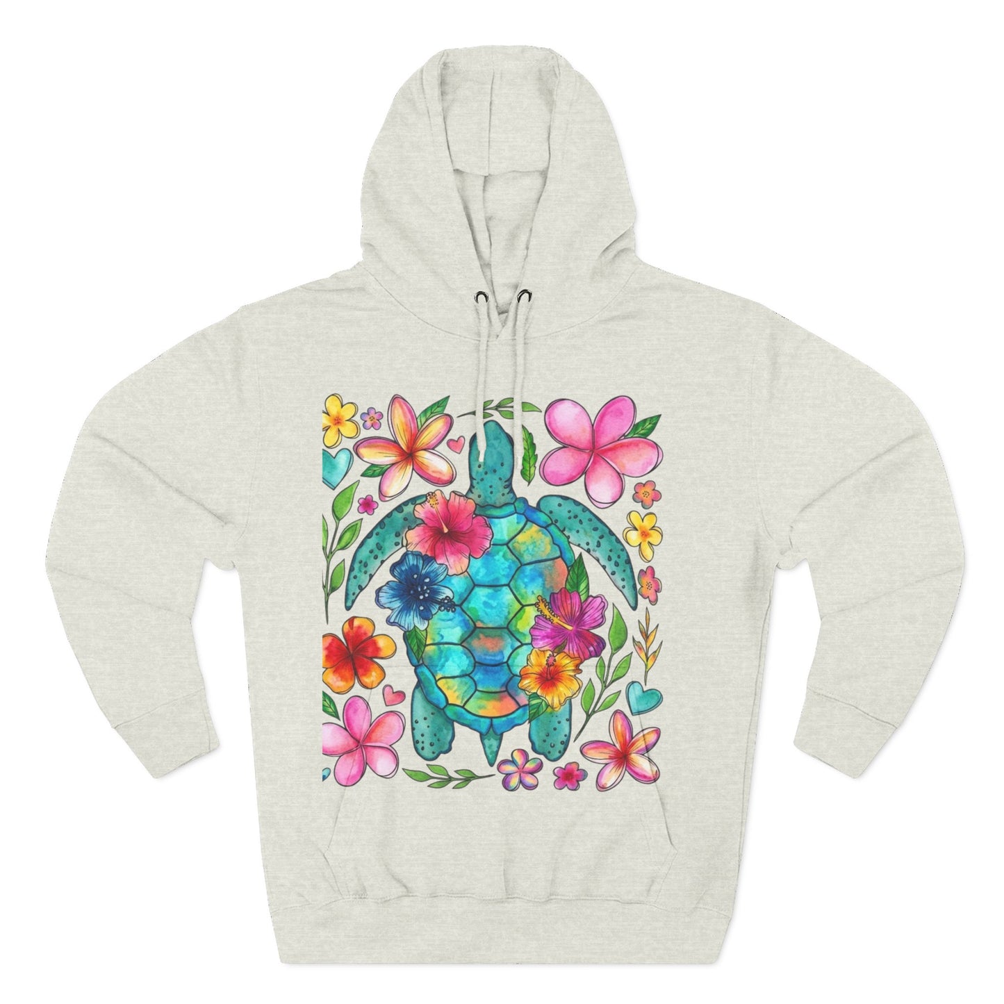 Turtle Floral Hoodie - Watercolor Sea Turtle with Tropical Flowers Fleece Pullover
