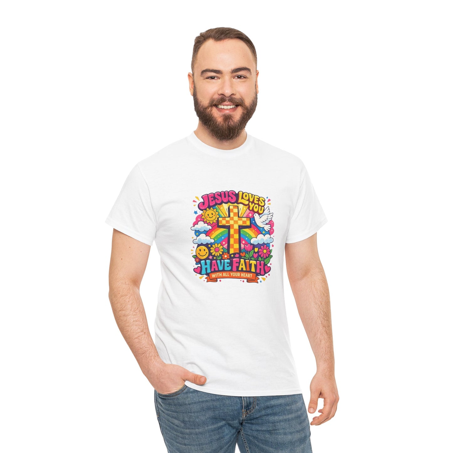 Christian Cross T-Shirt — "Jesus Loves You, Have Faith" Colorful Faith Tee