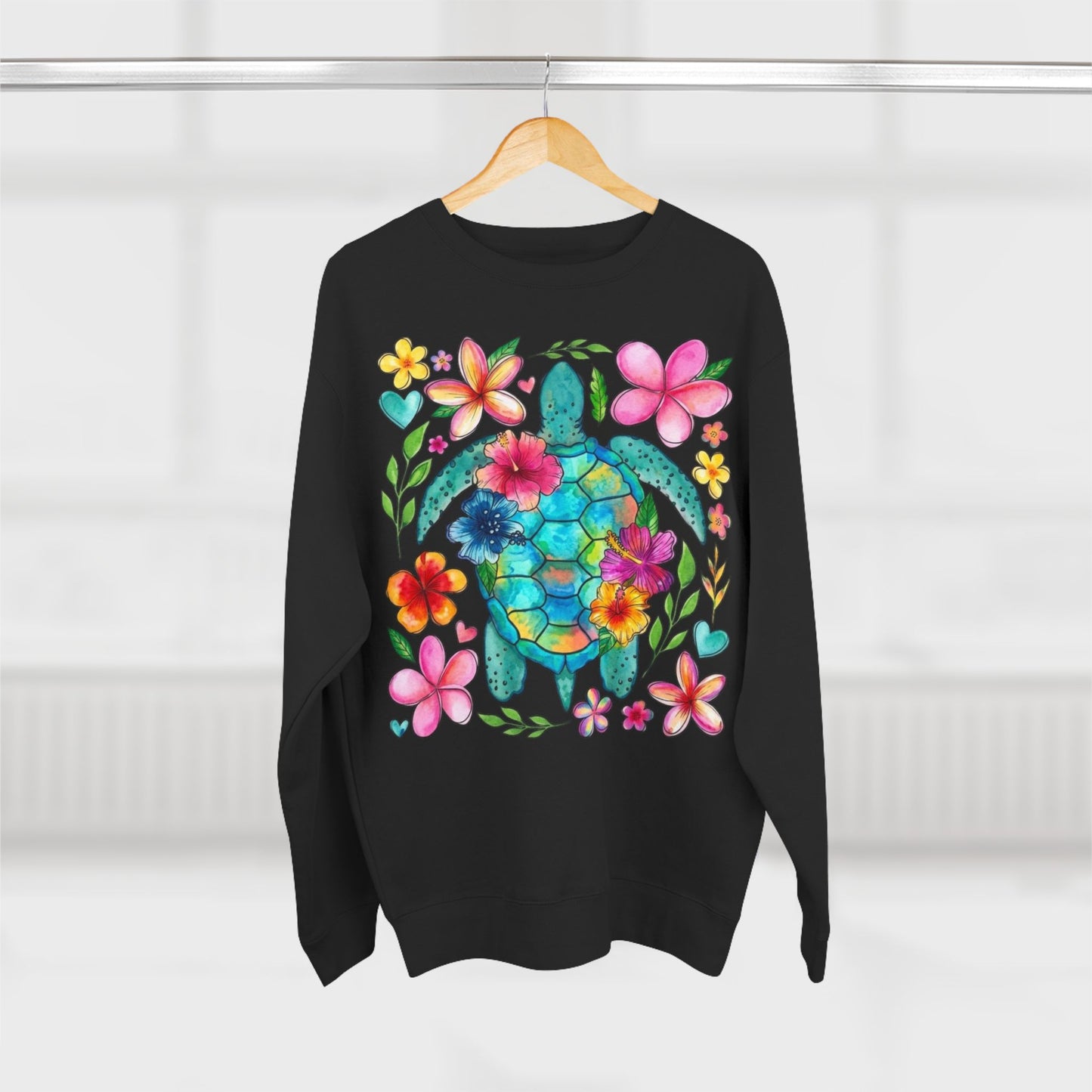 Floral Sea Turtle Sweatshirt — Colorful Watercolor Turtle & Flowers Crewneck
