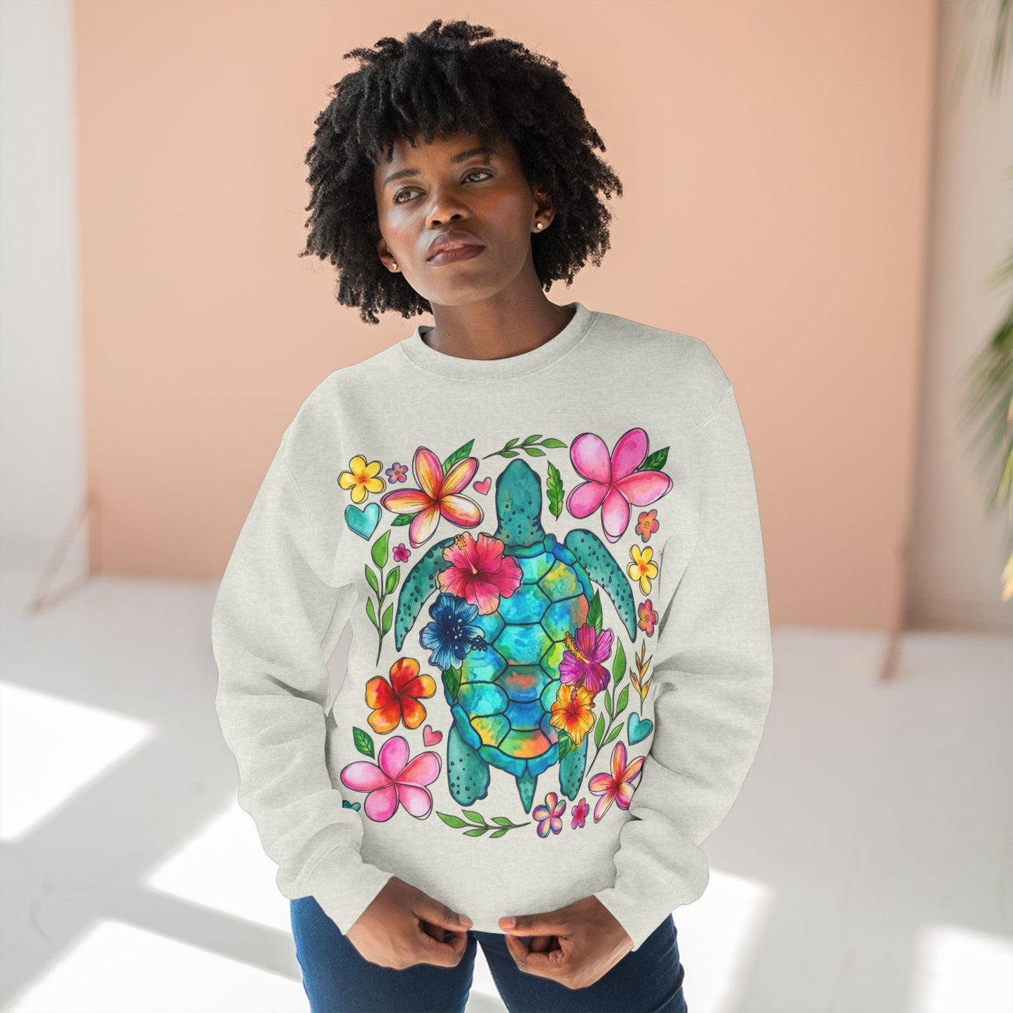 Floral Sea Turtle Sweatshirt — Colorful Watercolor Turtle & Flowers Crewneck