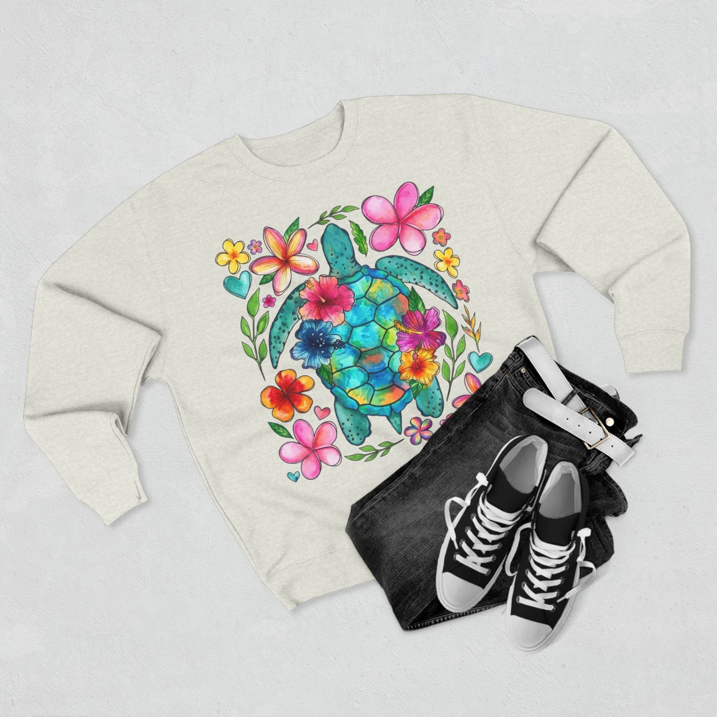 Floral Sea Turtle Sweatshirt — Colorful Watercolor Turtle & Flowers Crewneck