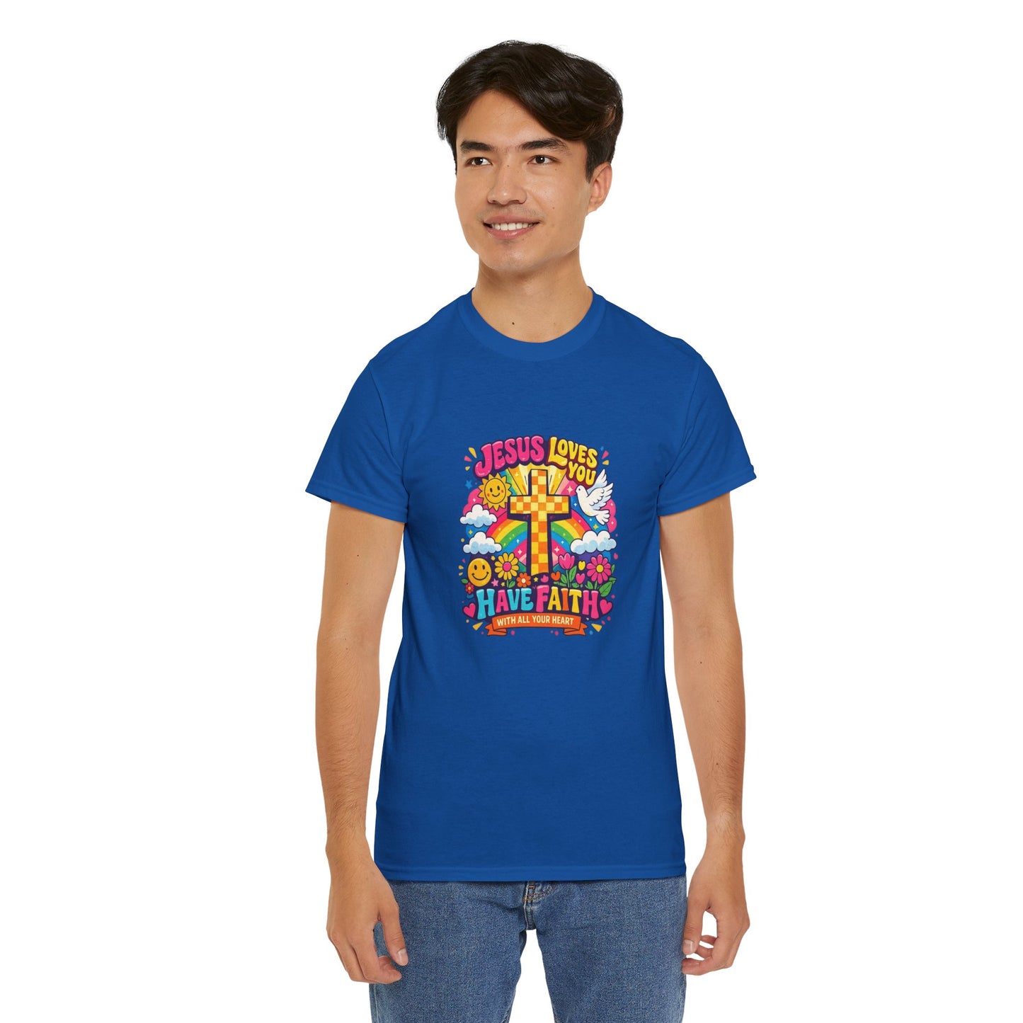 Christian Cross T-Shirt — "Jesus Loves You, Have Faith" Colorful Faith Tee