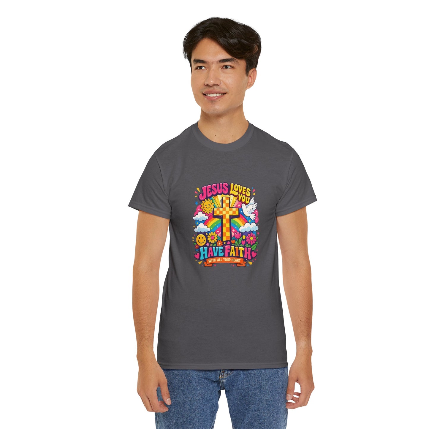 Christian Cross T-Shirt — "Jesus Loves You, Have Faith" Colorful Faith Tee