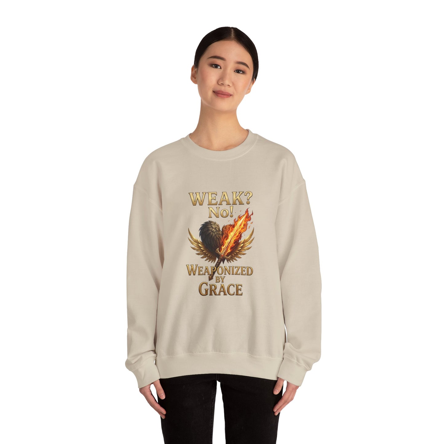 Women's/Unisex Sweatshirt: "Weak? No! Weaponized by Grace" Inspirational Christian Crewneck