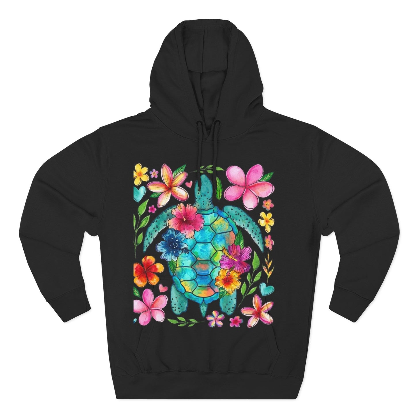 Turtle Floral Hoodie - Watercolor Sea Turtle with Tropical Flowers Fleece Pullover